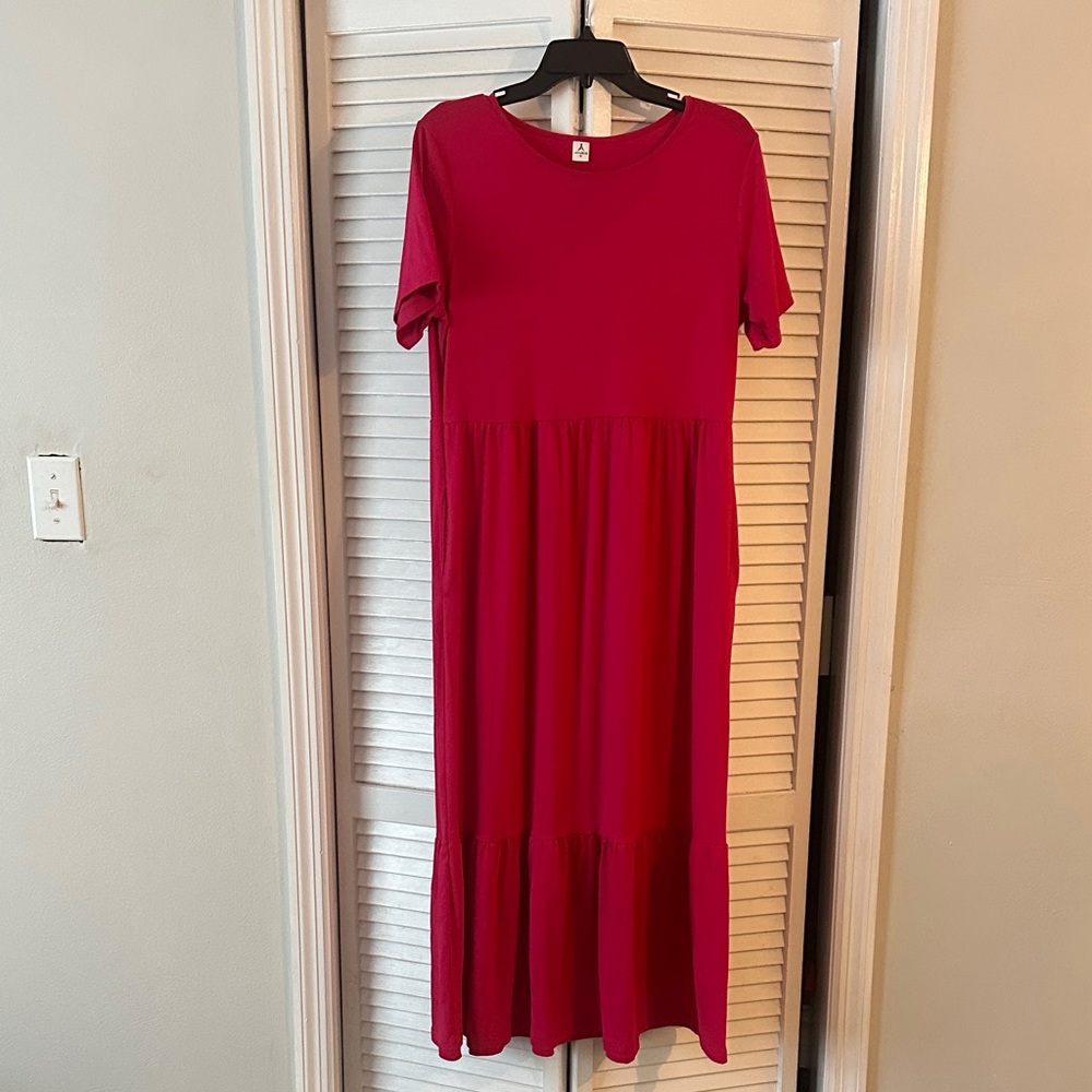 Anrabess Knit Women's Tiered Empire Waist Dress Fuschia Color size M